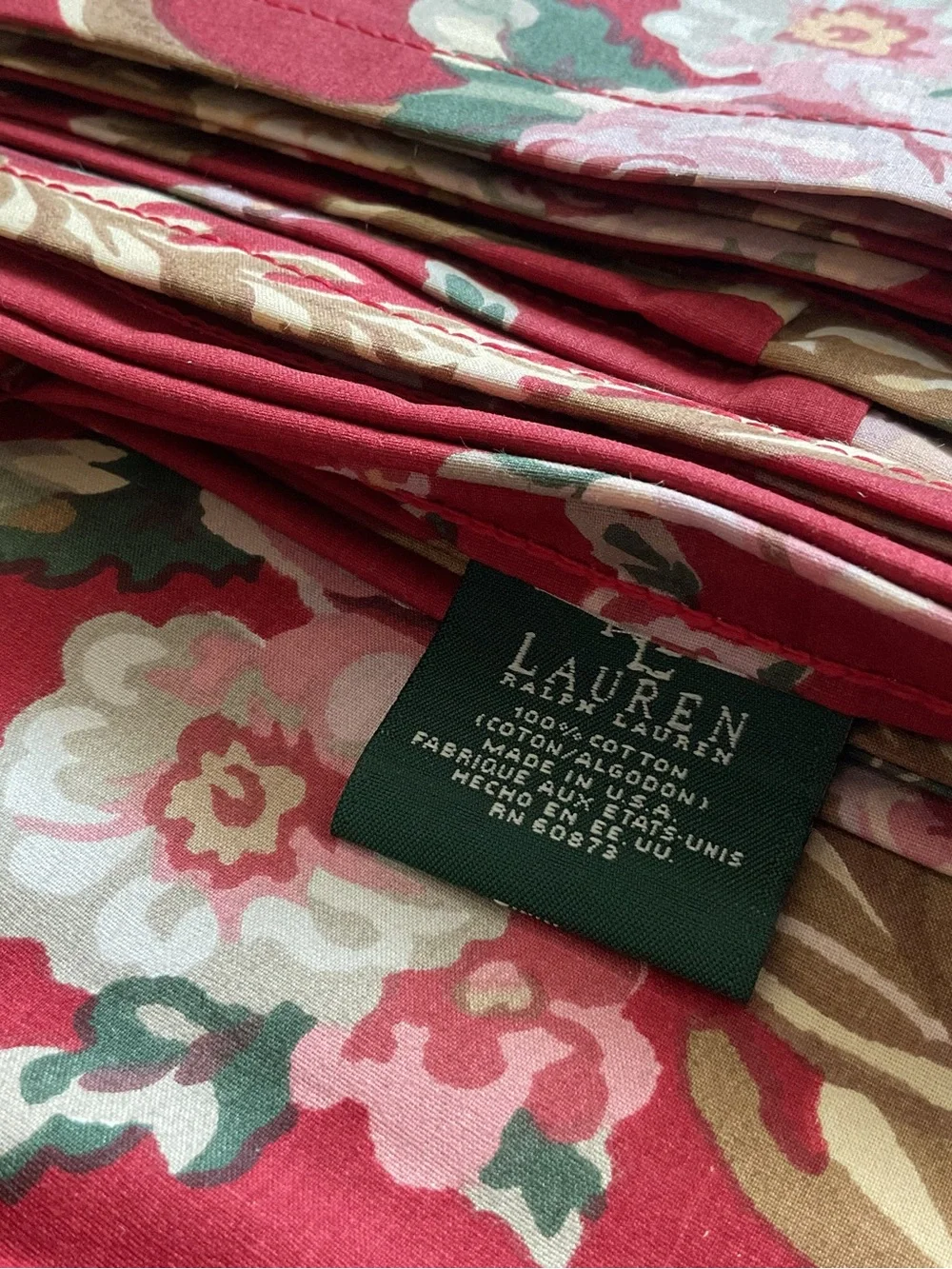 VTG Lauren Ralph Lauren Marseilles Red Floral Ruffle Twin Flat Sheet- NEW, USA